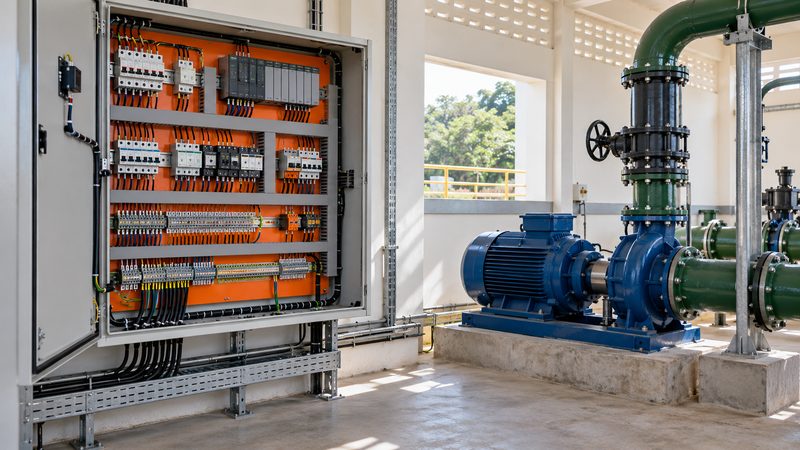 Ilustração de quadro de comando ligado a conjunto motor-bomba
