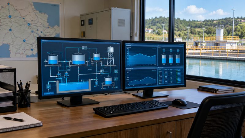Ilustração de sala de controle com supervisório em dois monitores