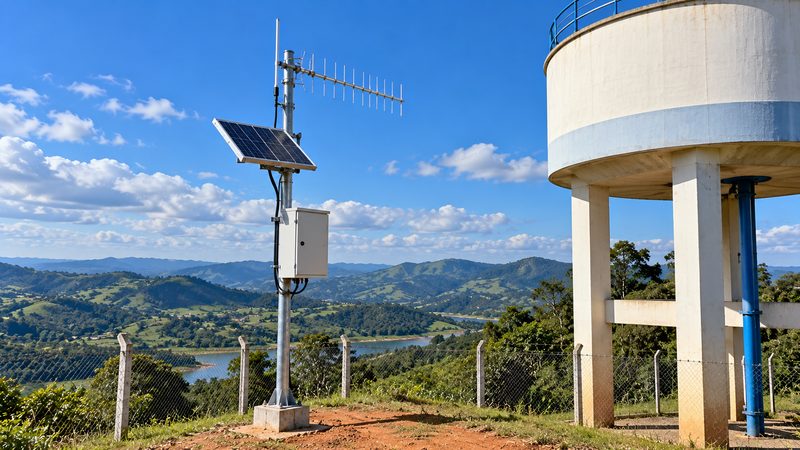 Ilustração de estação de telemetria com painel solar e antena ao lado de reservatório